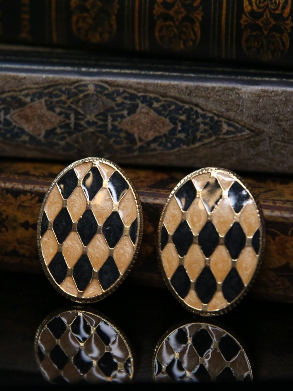Vintage 1980s Harlequin Pattern Checkers Peach and Black Earrings